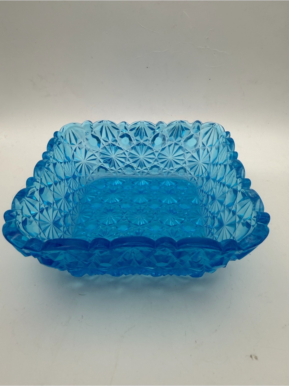 VTG 60’s Blue Cut Glass Decorative Serving Bowl - Daisy button- Brand L.Smith